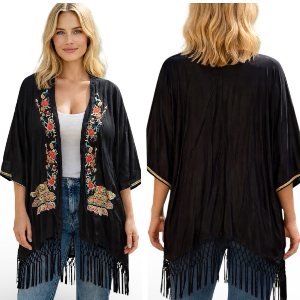 Johnny Was Eve heavily embroidered, silk fringe, kimono jacket NWT RARE